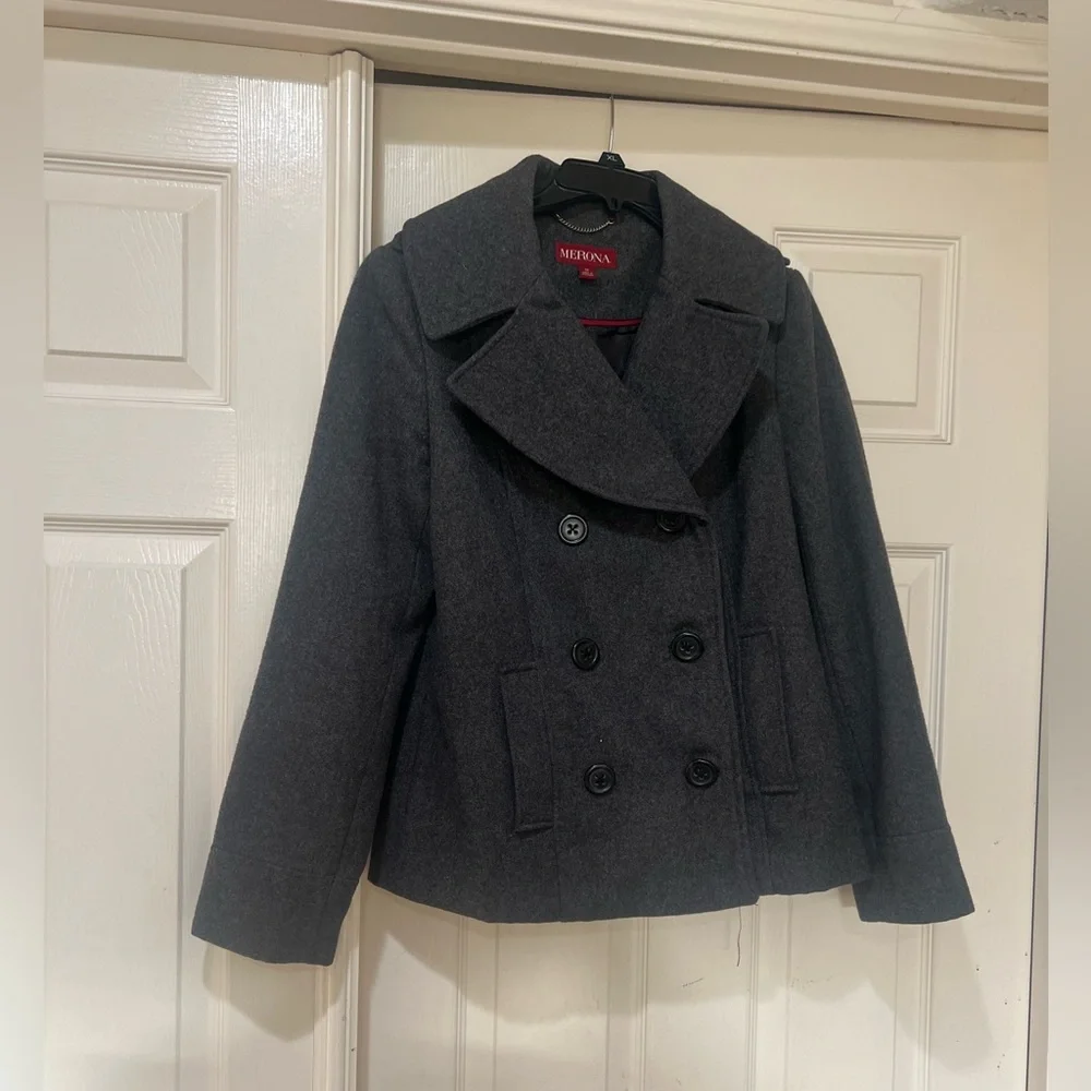 Merona Womens sz M‎ gray Wool Blend Peacoat Winter Coat fall warm cozy old money
